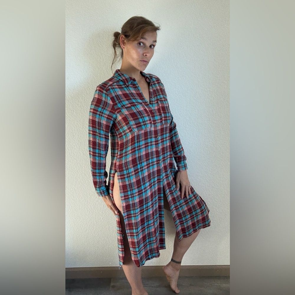 Anthropologie Pilcro Button Down Tunic Shirt Plaid Flowy Oversized